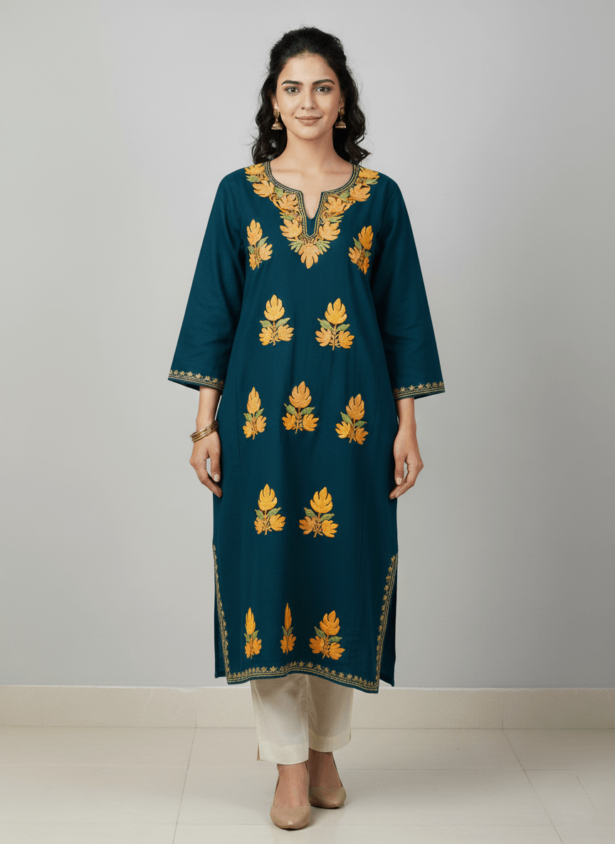 Teal Floral Embroidered Kashmiri Pheran