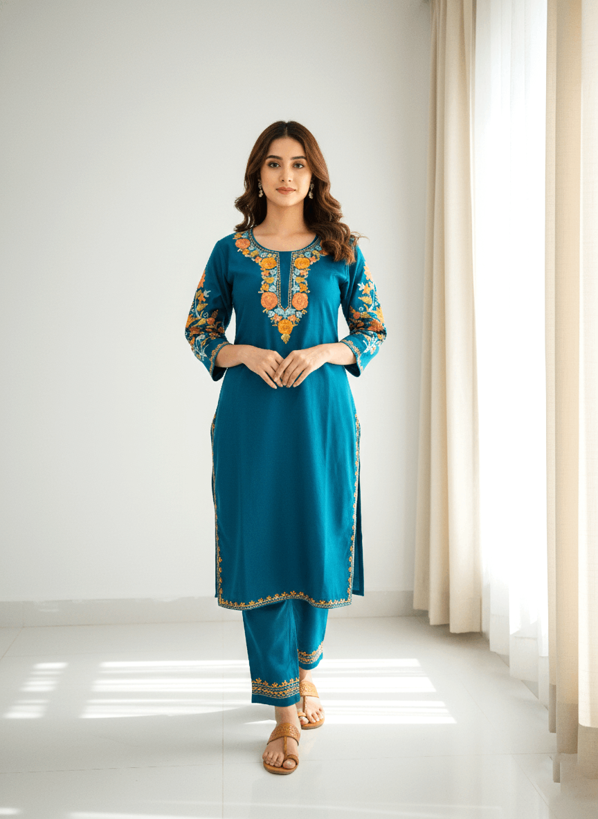 Teal Floral Aari Embroidered Kashmiri Coord Set