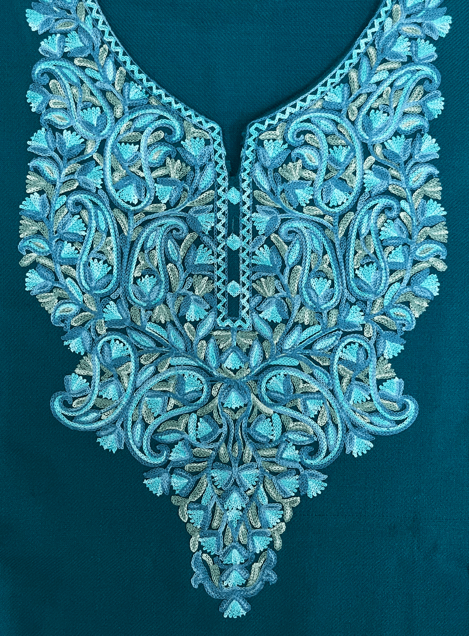 Teal Floral Aari Embroidered Kashmiri Pheran