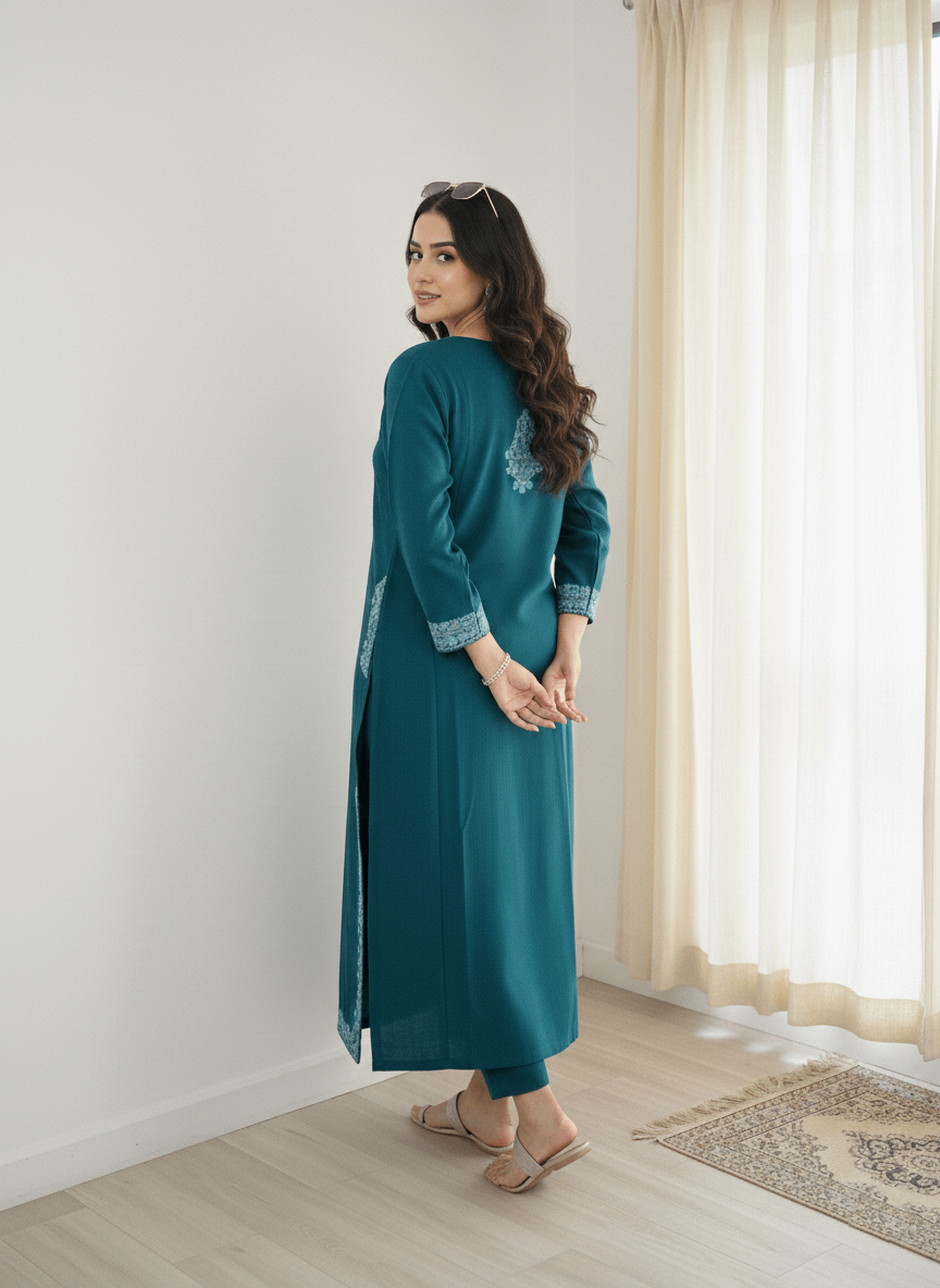 Teal Floral Aari Embroidered Kashmiri Pheran