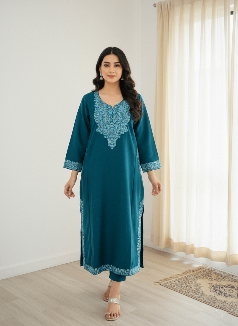 Teal Floral Aari Embroidered Kashmiri Pheran