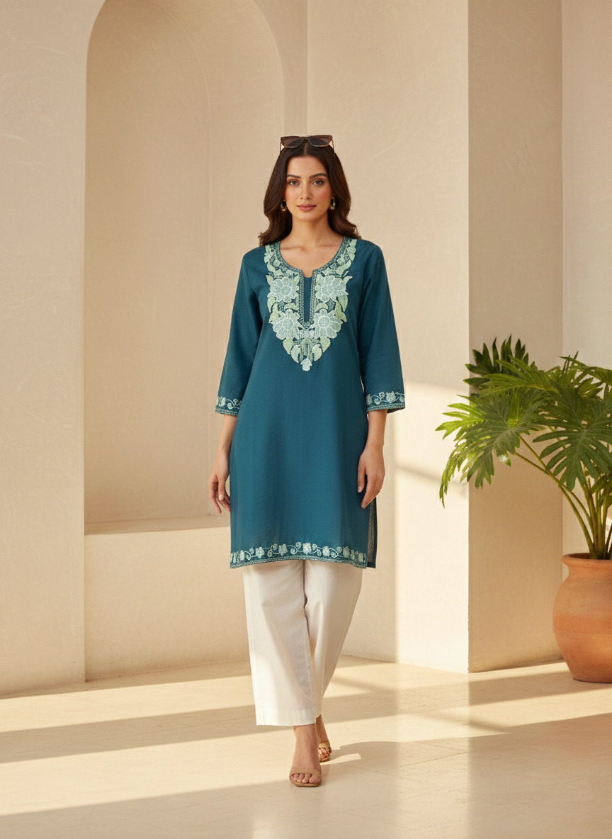 Teal Green Aari Embroidered Cotton Short Kurti