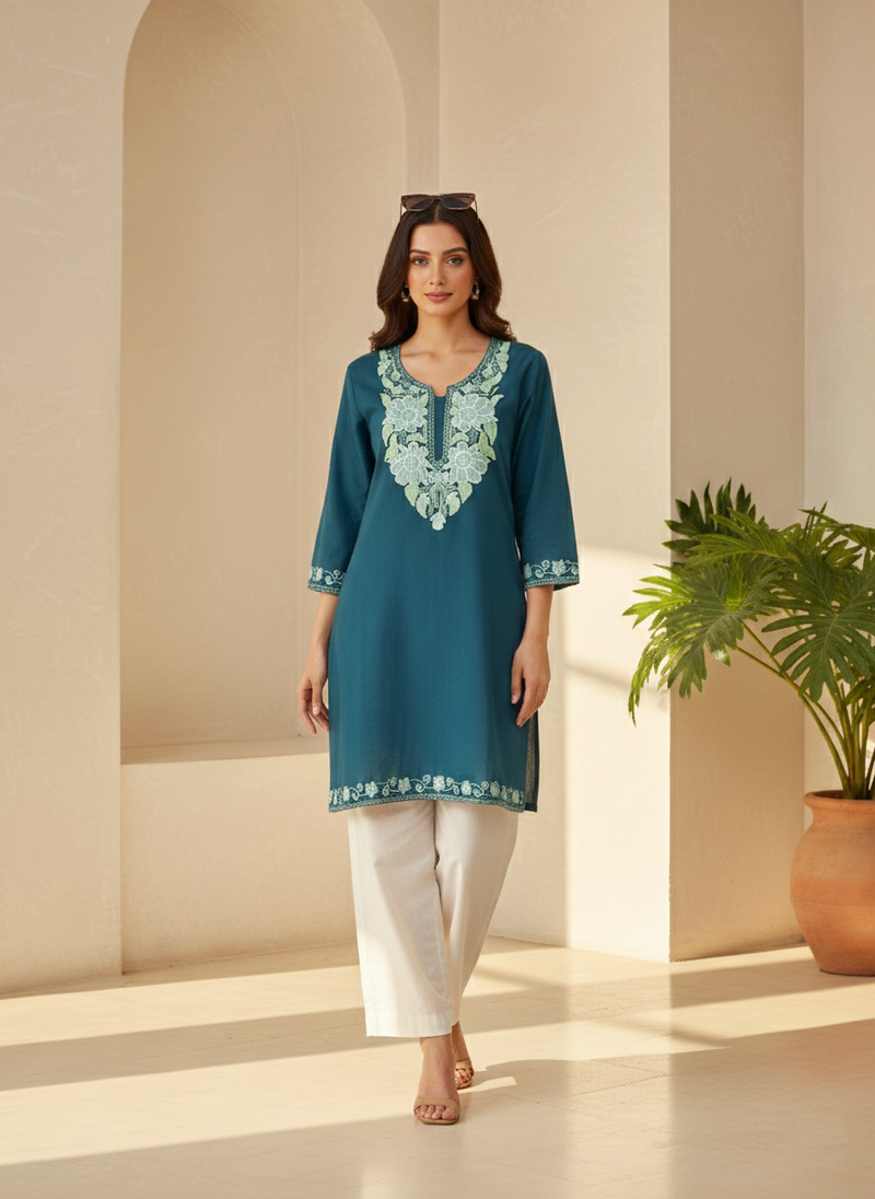 Teal Green Aari Embroidered Cotton Short Kurti