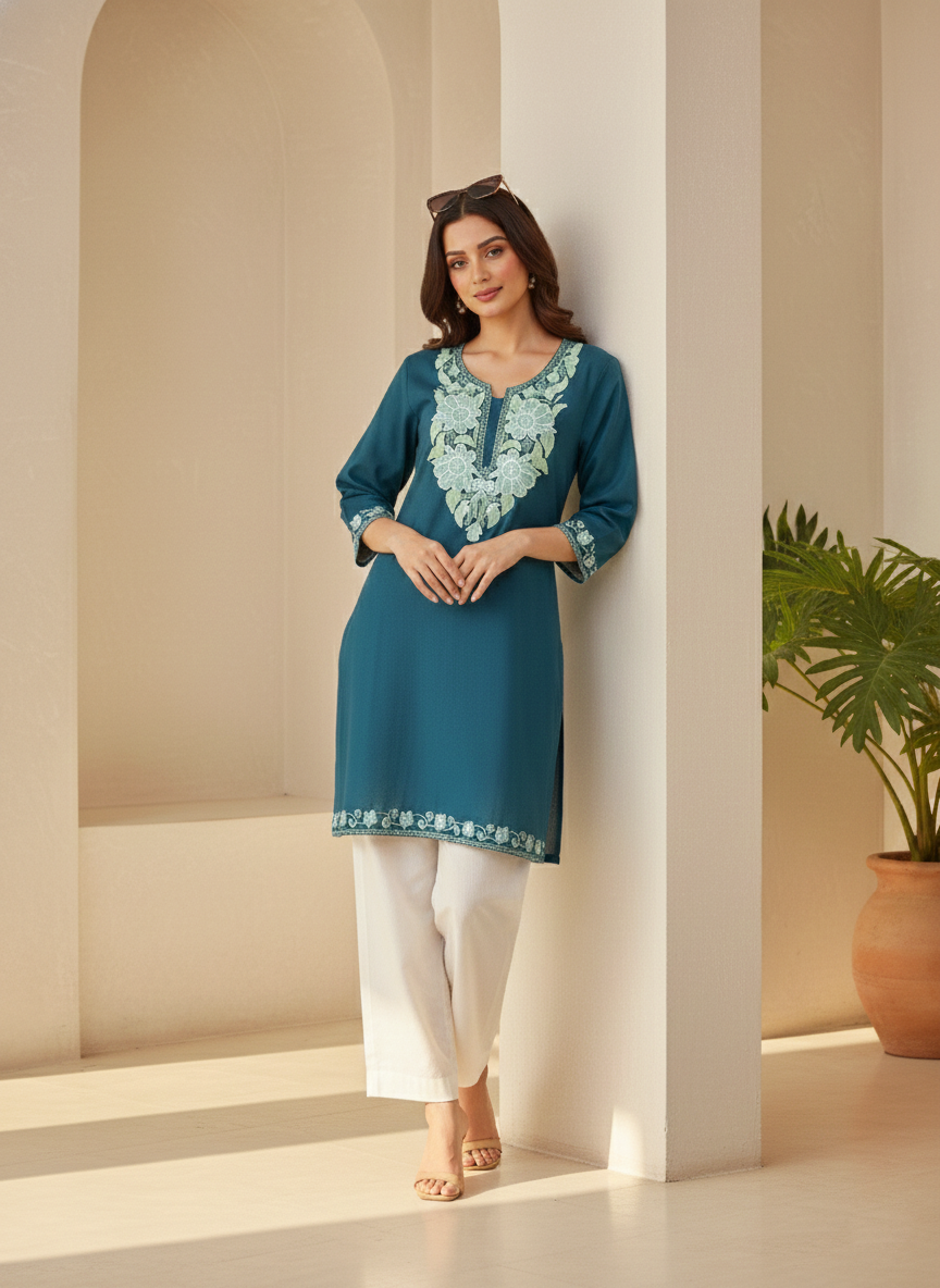 Teal Green Aari Embroidered Cotton Short Kurti