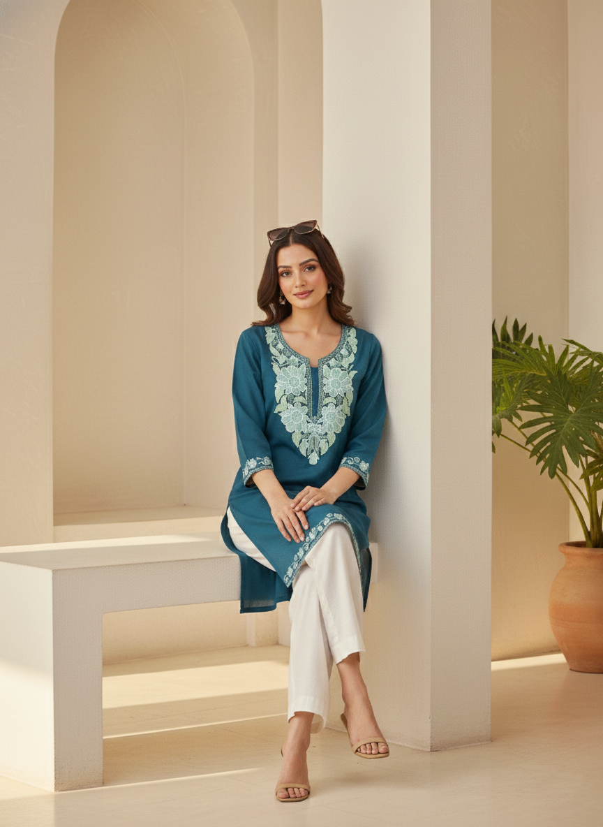 Teal Green Aari Embroidered Cotton Short Kurti