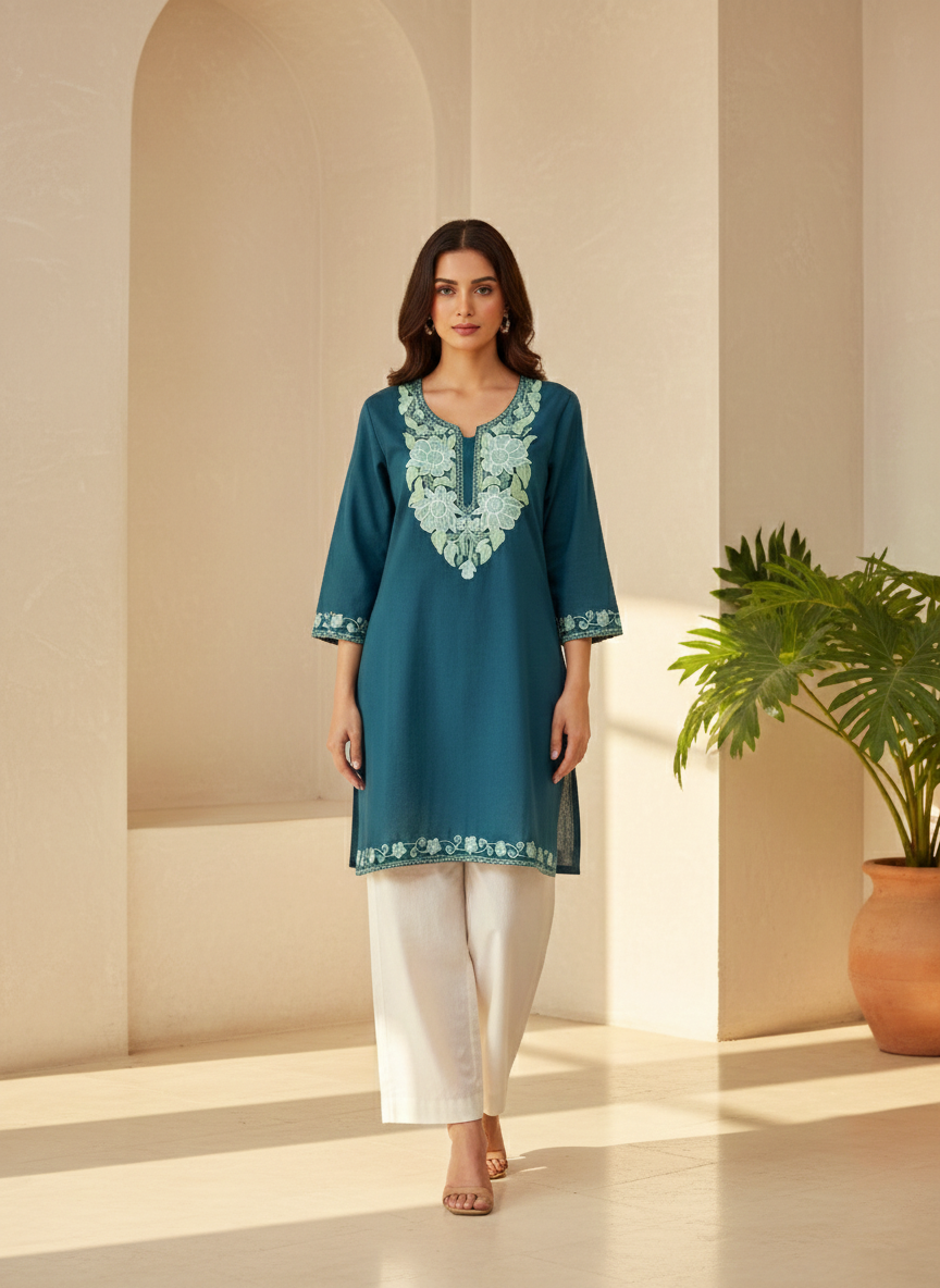 Teal Green Aari Embroidered Cotton Short Kurti