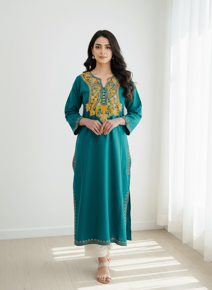 Teal Green Aari Embroidered Kashmiri Pheran
