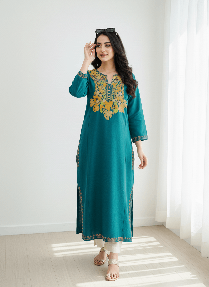Teal Green Aari Embroidered Kashmiri Pheran