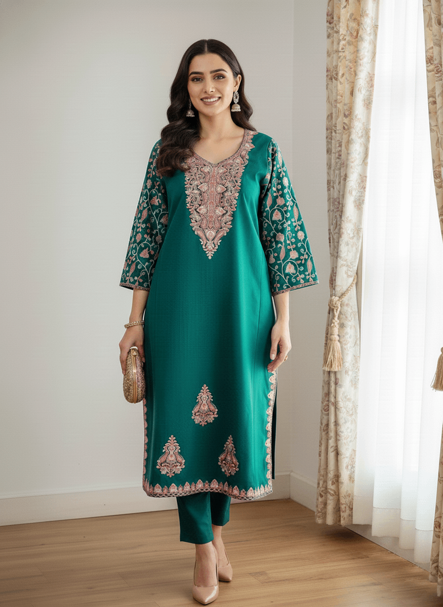 Teal Green Aari–Tilla Embroidered Kashmiri Pheran