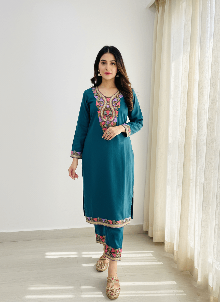 Teal Green Aari and Tilla Embroidered Kashmiri Co-ord set