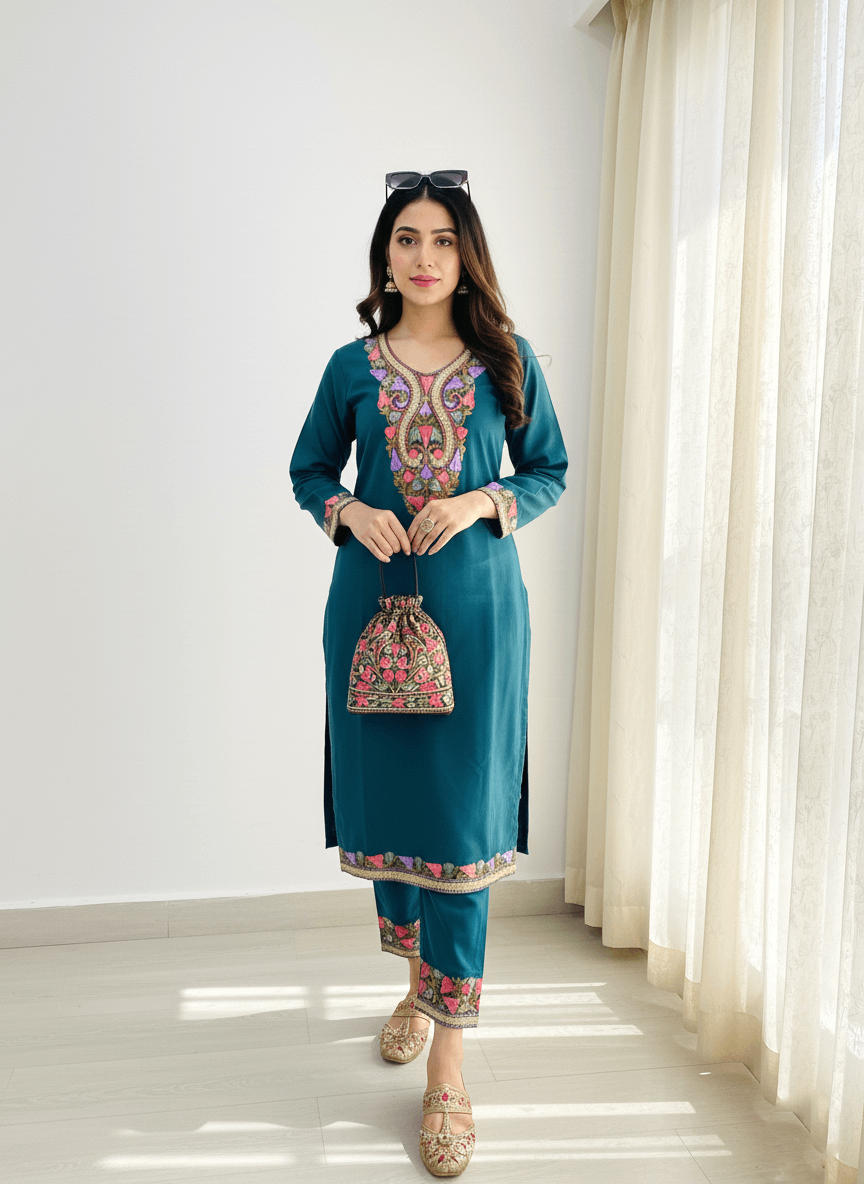 Teal Green Aari and Tilla Embroidered Kashmiri Co-ord set