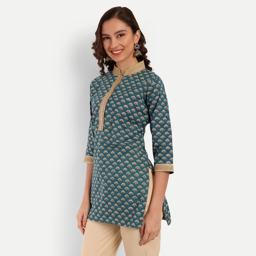 Teal Blue Floral Printed Straight Cotton Tunic 