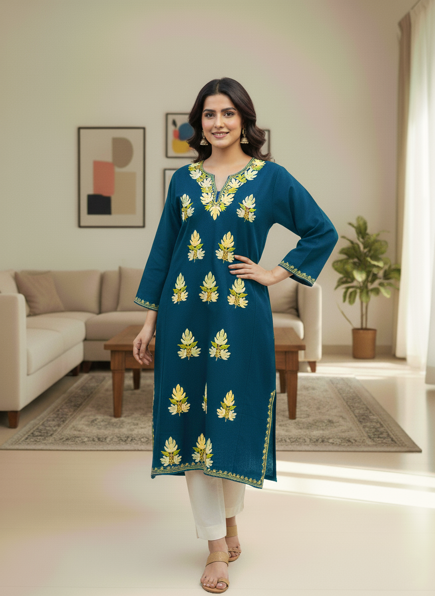 Teal Floral Embroidered Kashmiri Pheran