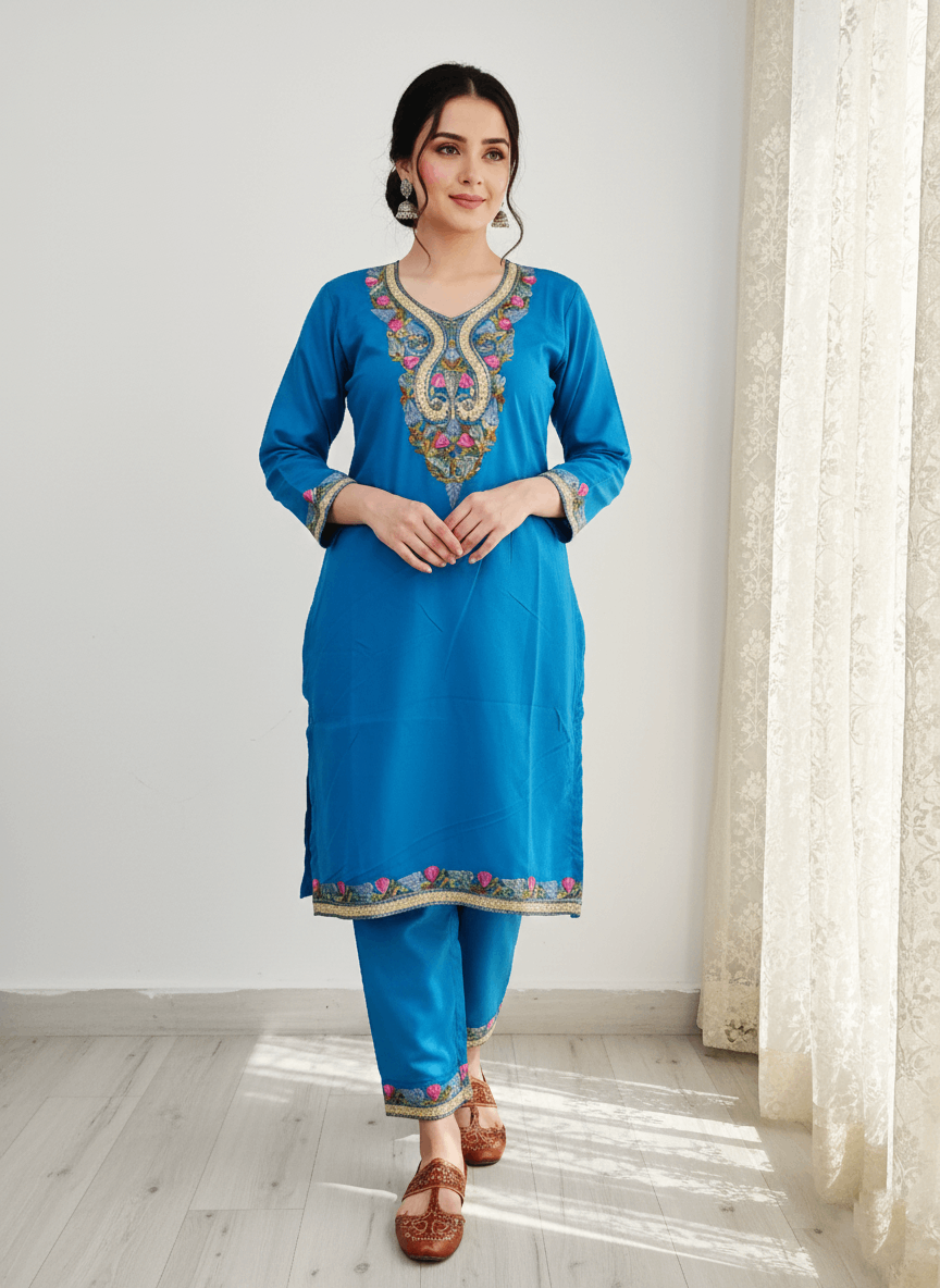 Turquoise Blue Aari Embroidered Kashmiri Co-ord set