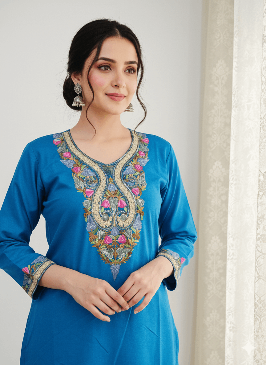 Turquoise Blue Aari Embroidered Kashmiri Co-ord set