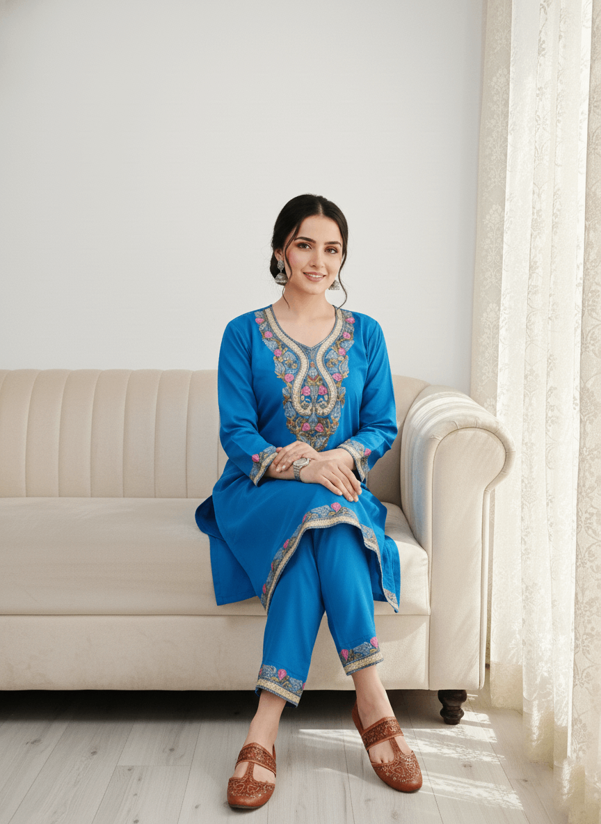 Turquoise Blue Aari Embroidered Kashmiri Co-ord set
