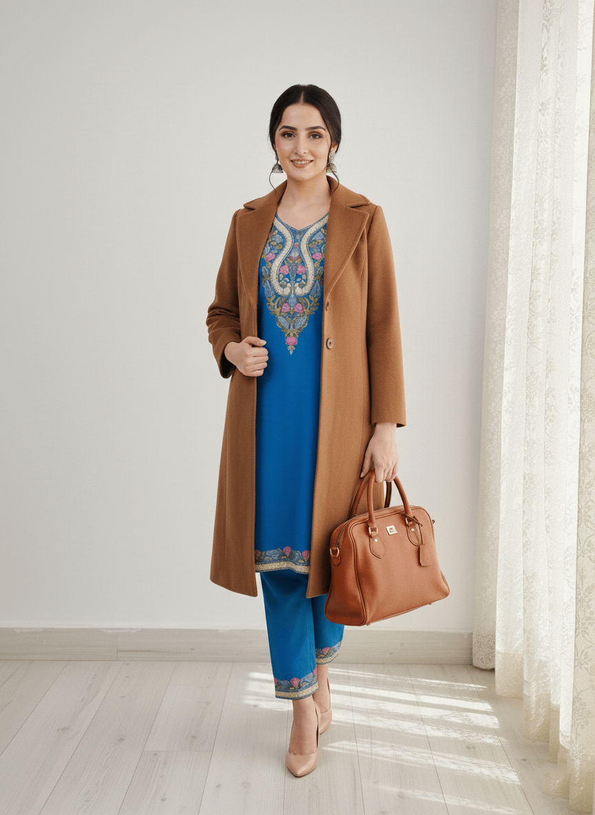 Turquoise Blue Aari Embroidered Kashmiri Co-ord set