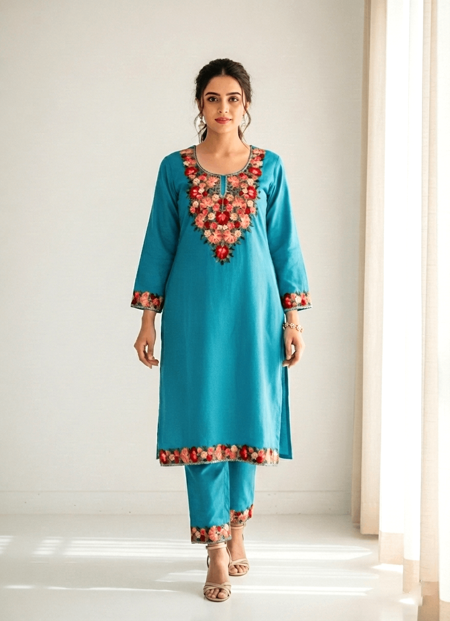Turquoise Floral Aari Embroidered Kashmiri Coord Set