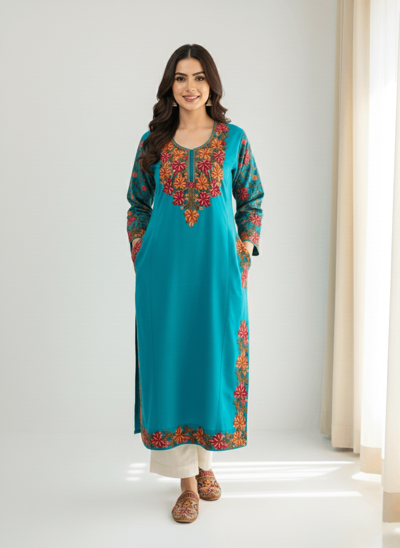 Turquoise Floral Aari–Tilla Embroidered Kashmiri Pheran