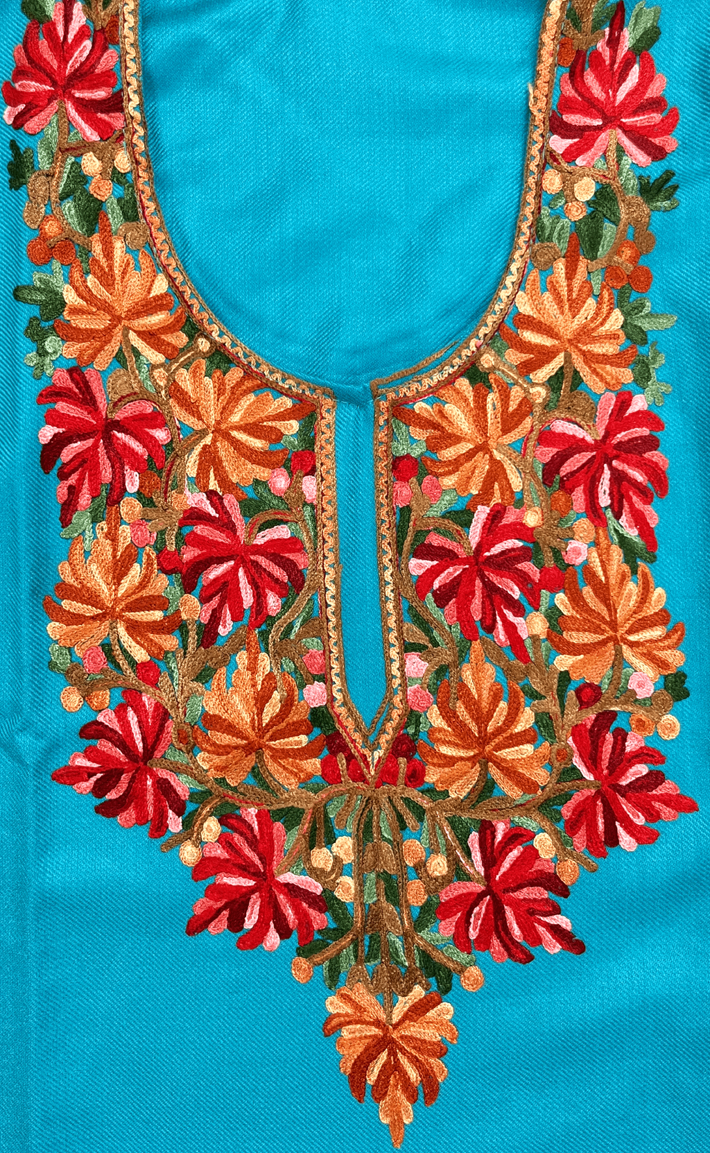 Turquoise Floral Aari–Tilla Embroidered Kashmiri Pheran