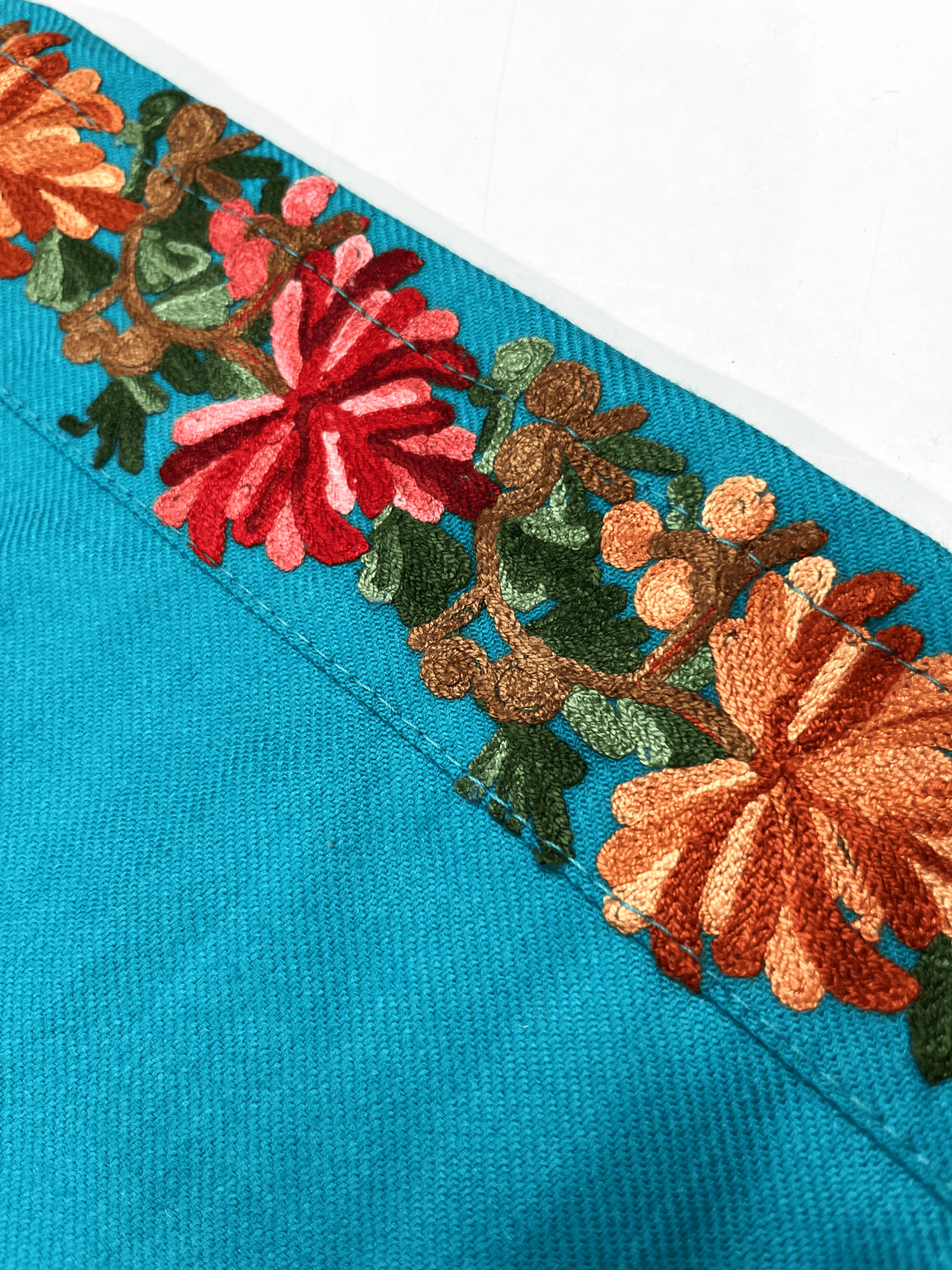 Turquoise Floral Aari–Tilla Embroidered Kashmiri Pheran
