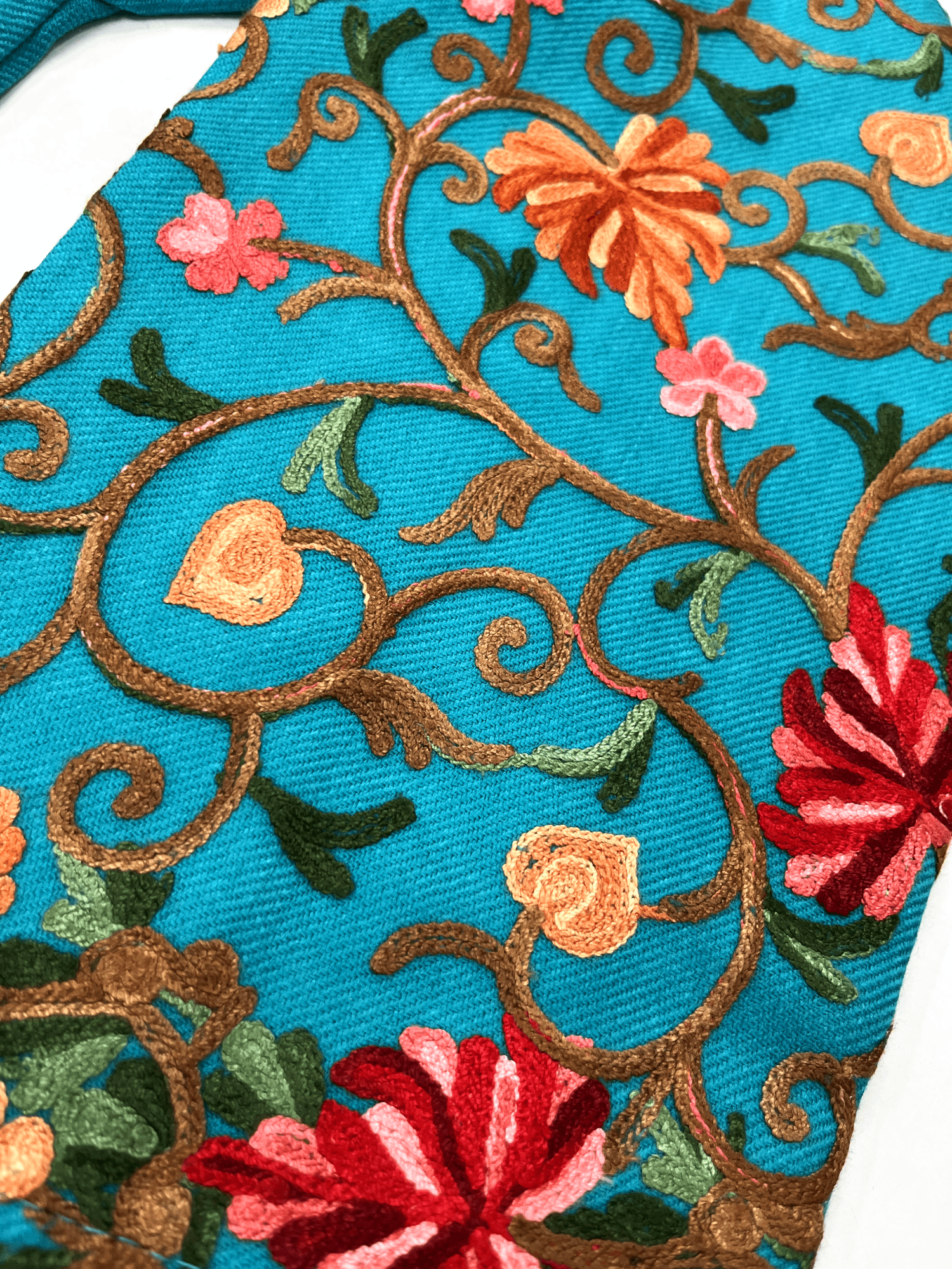 Turquoise Floral Aari–Tilla Embroidered Kashmiri Pheran