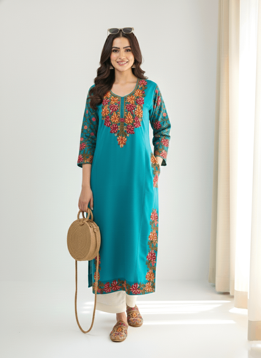 Turquoise Floral Aari–Tilla Embroidered Kashmiri Pheran