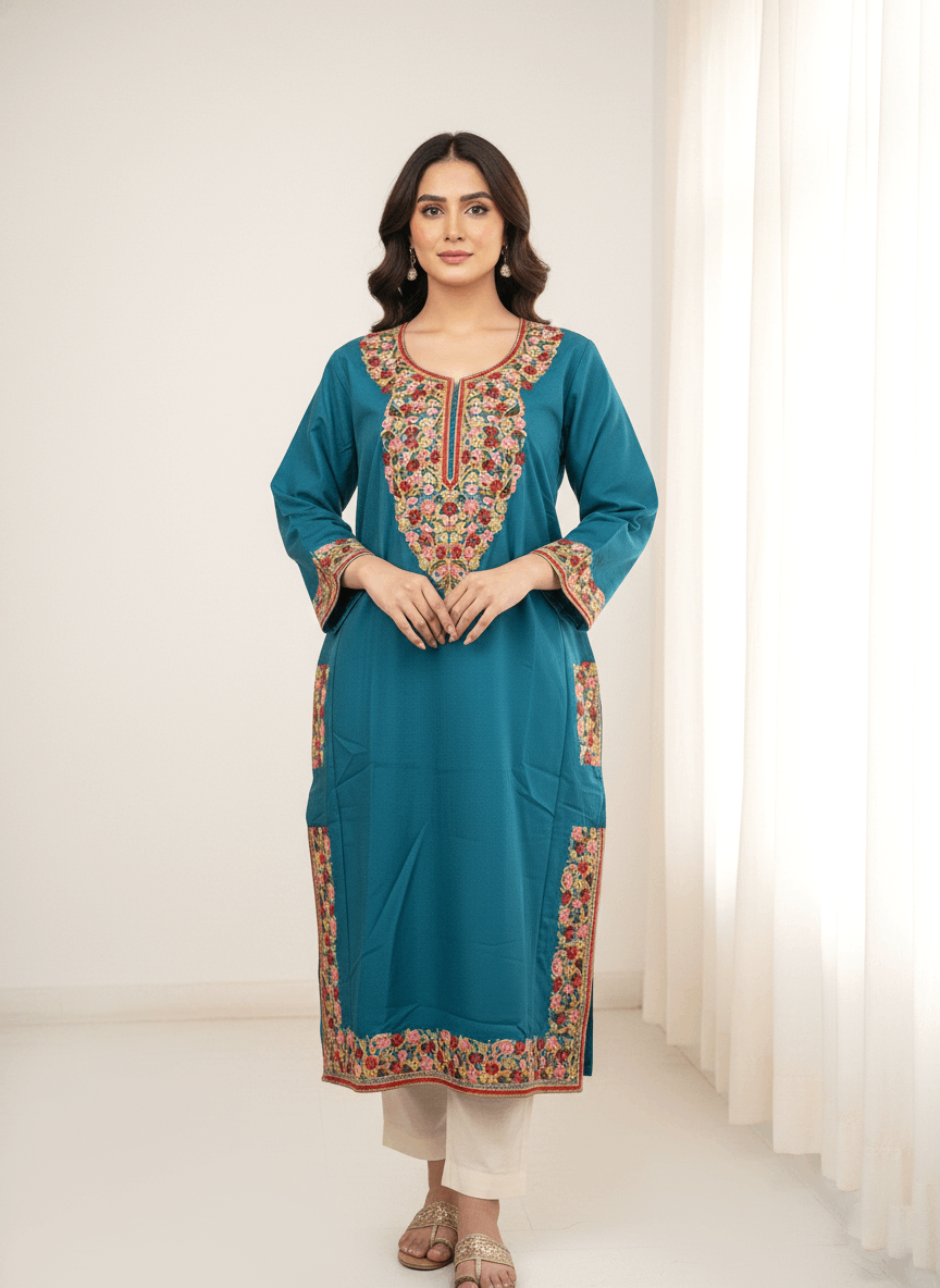 Teal Blue Floral Embroidered Kashmiri Pheran