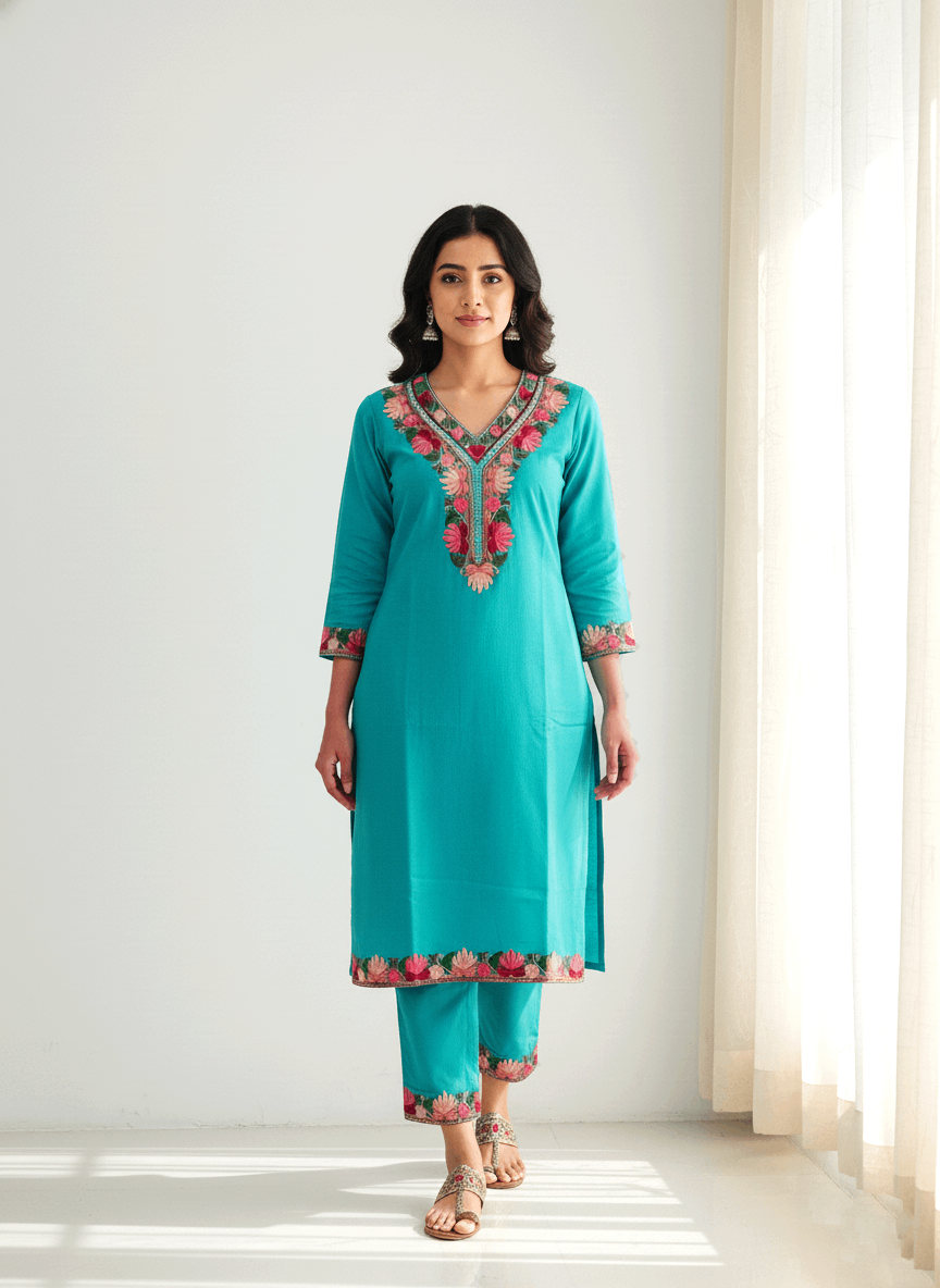 Turquoise & Red Floral Aari-Tilla Embroidered Kashmiri Co-ord set