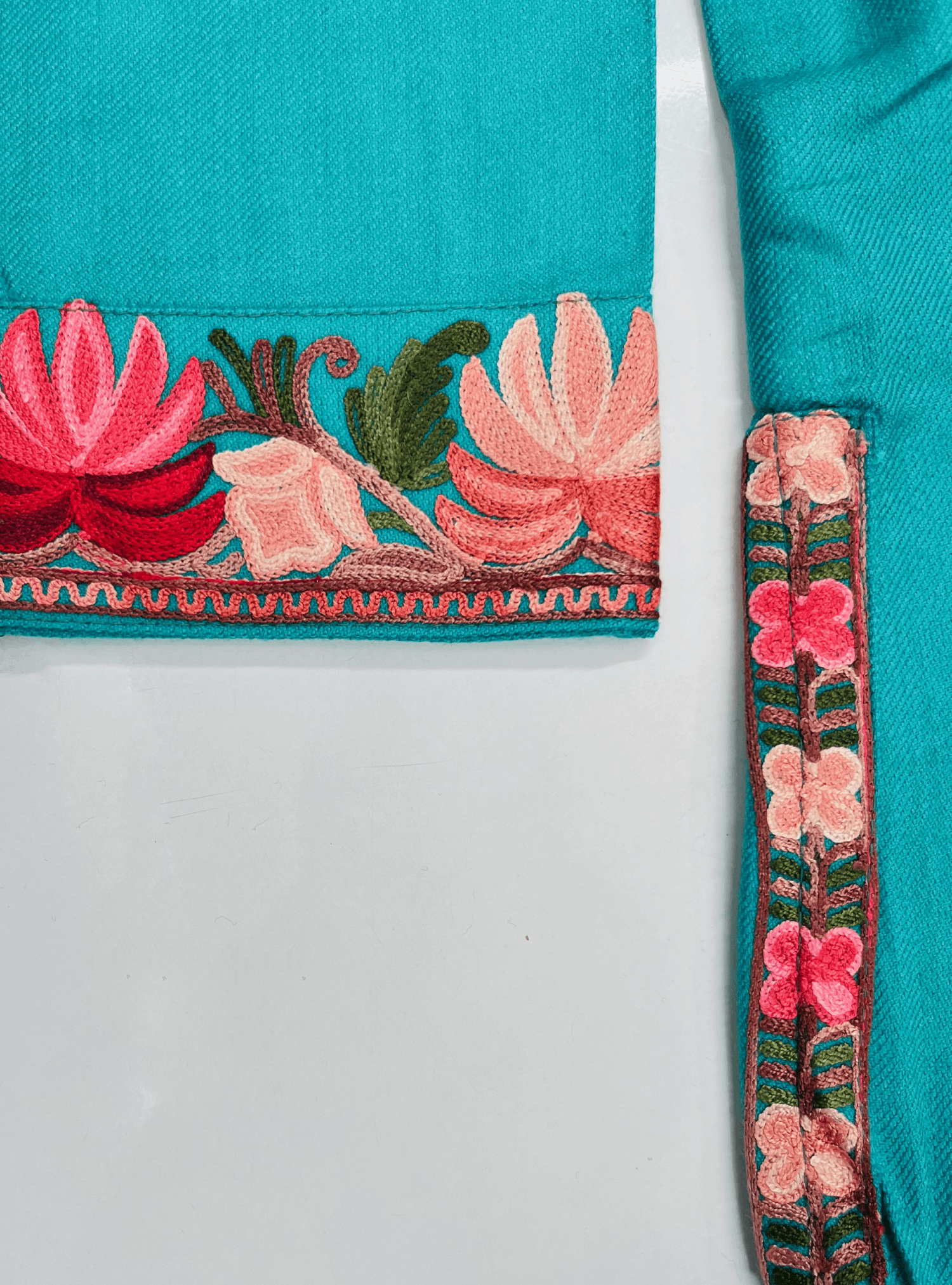 Turquoise & Red Floral Aari-Tilla Embroidered Kashmiri Co-ord set