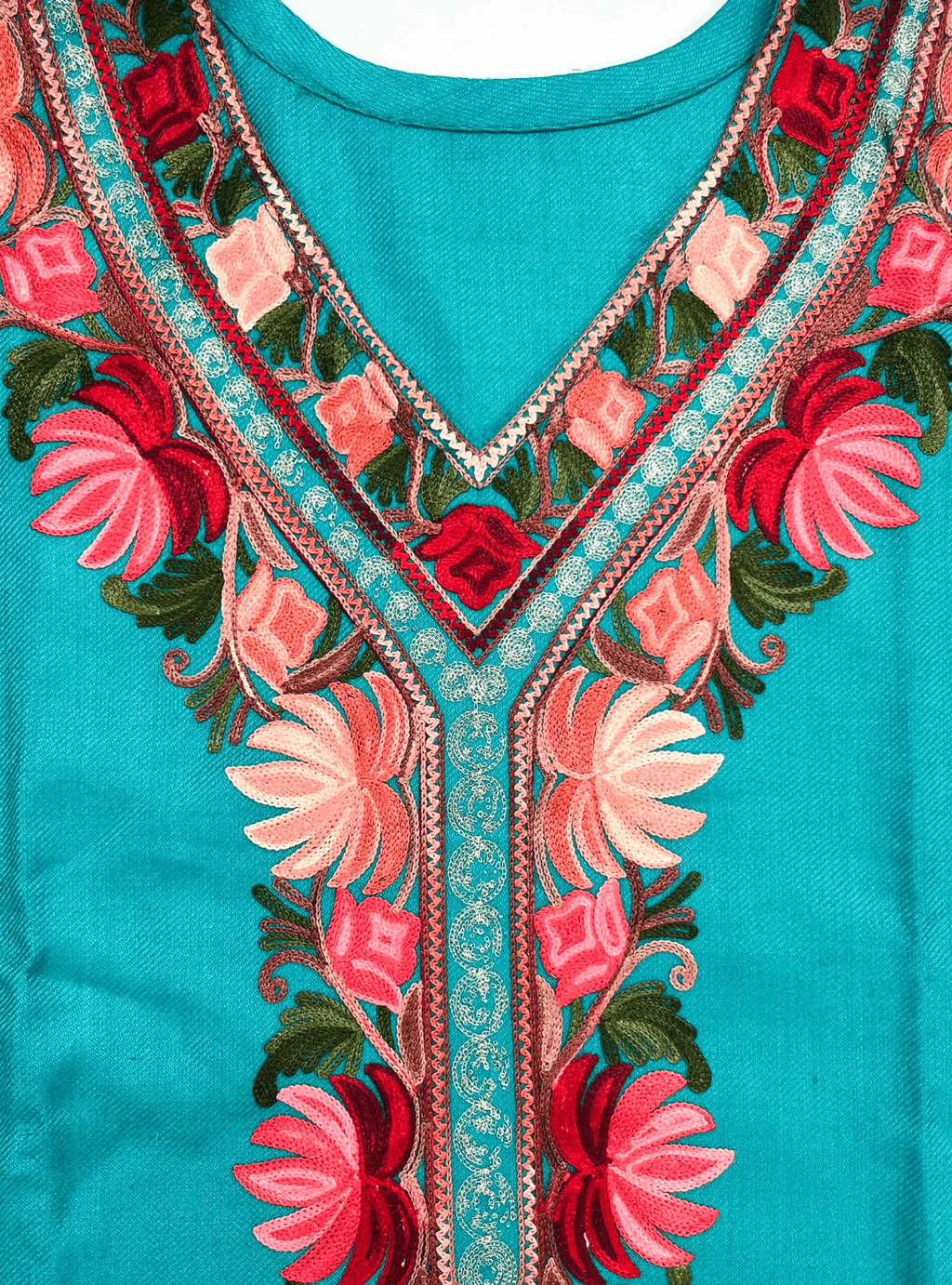Turquoise & Red Floral Aari-Tilla Embroidered Kashmiri Co-ord set