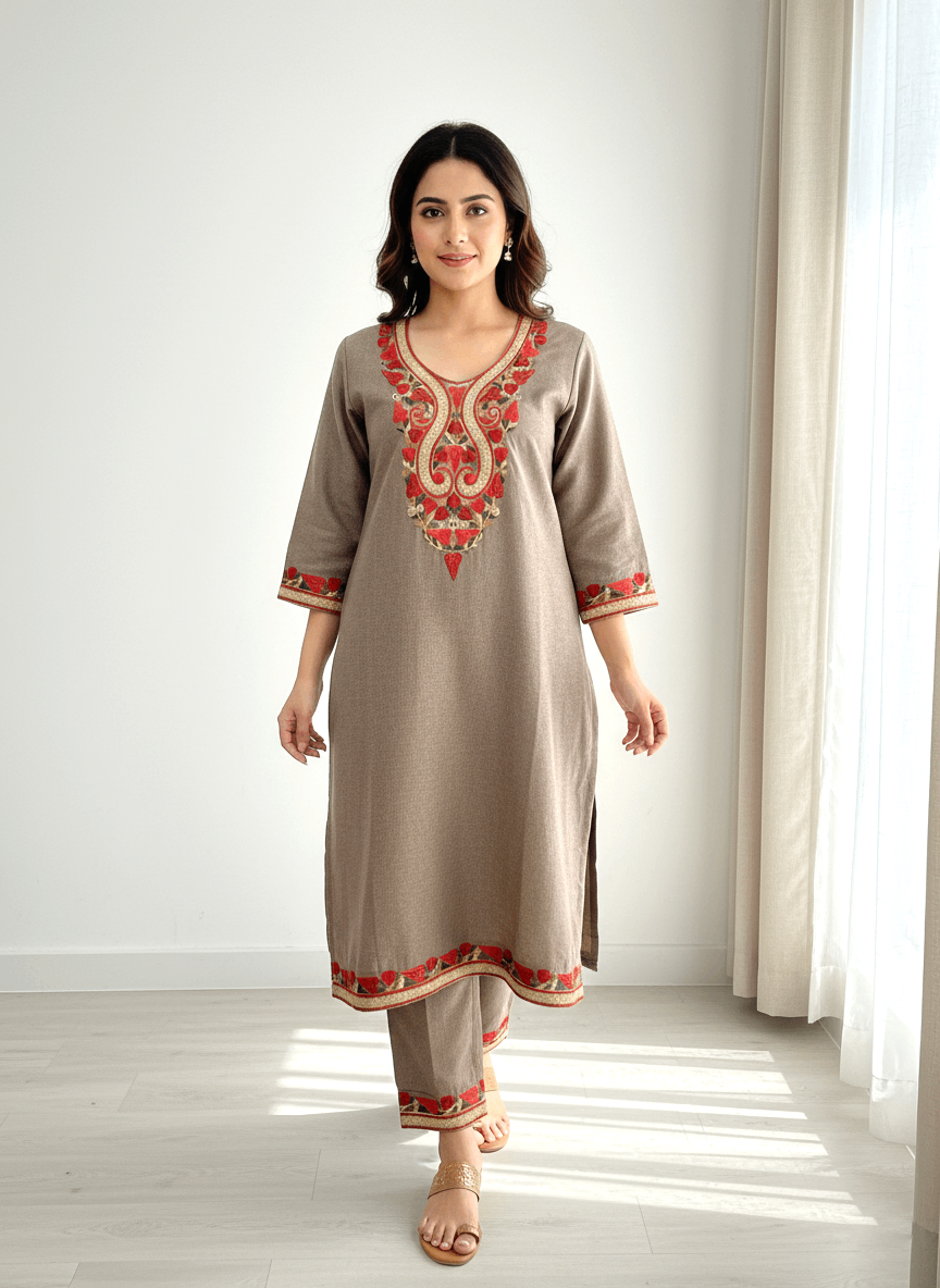 Warm Taupe Aari and Tilla Embroidered Kashmiri Co-ord set