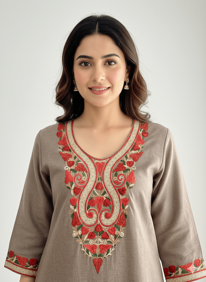 Warm Taupe Aari and Tilla Embroidered Kashmiri Co-ord set