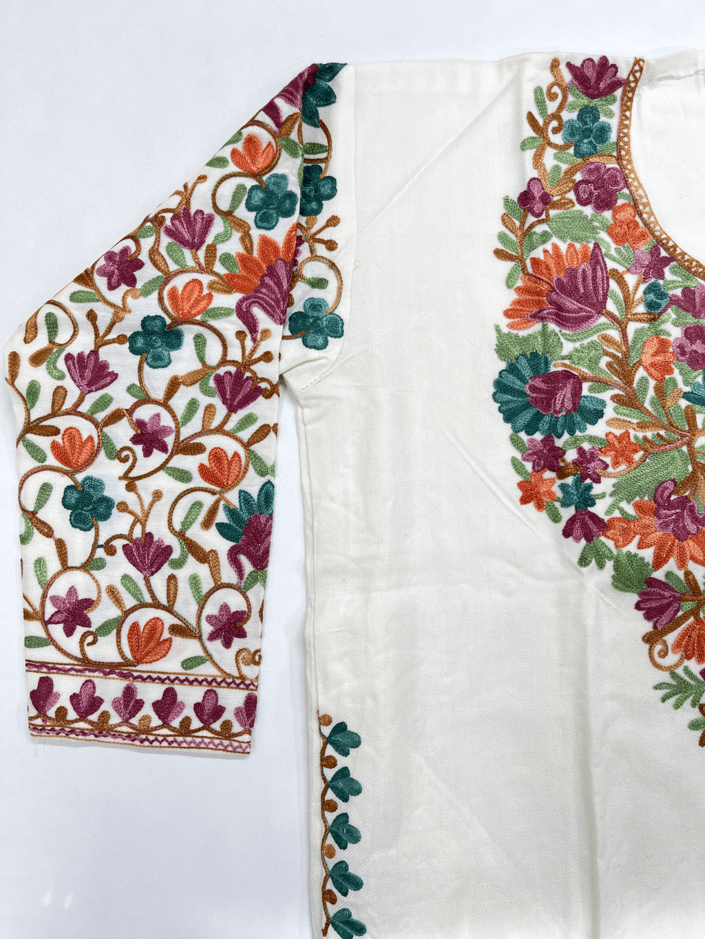 White & Multicolour Embroidered Kashmiri Pheran