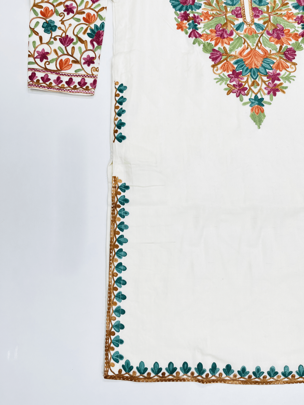 White & Multicolour Embroidered Kashmiri Pheran