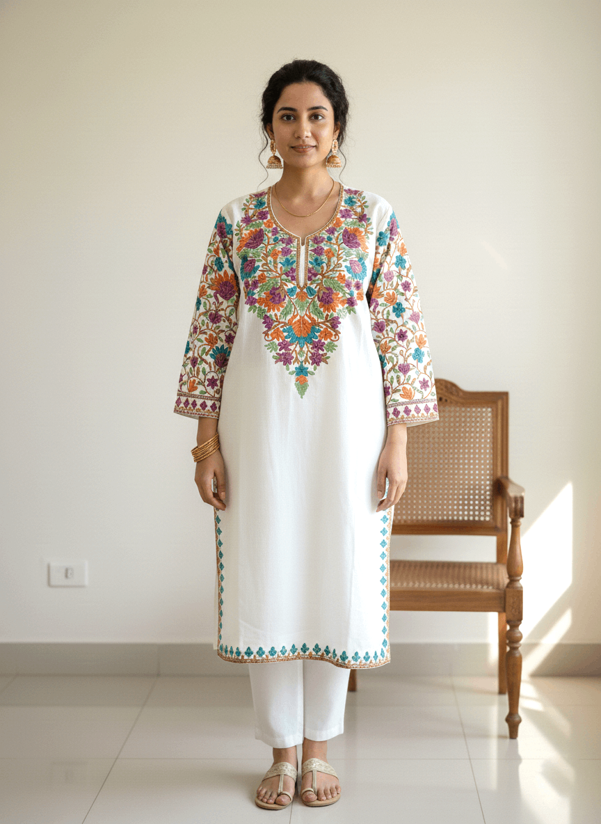 White & Multicolour Embroidered Kashmiri Pheran