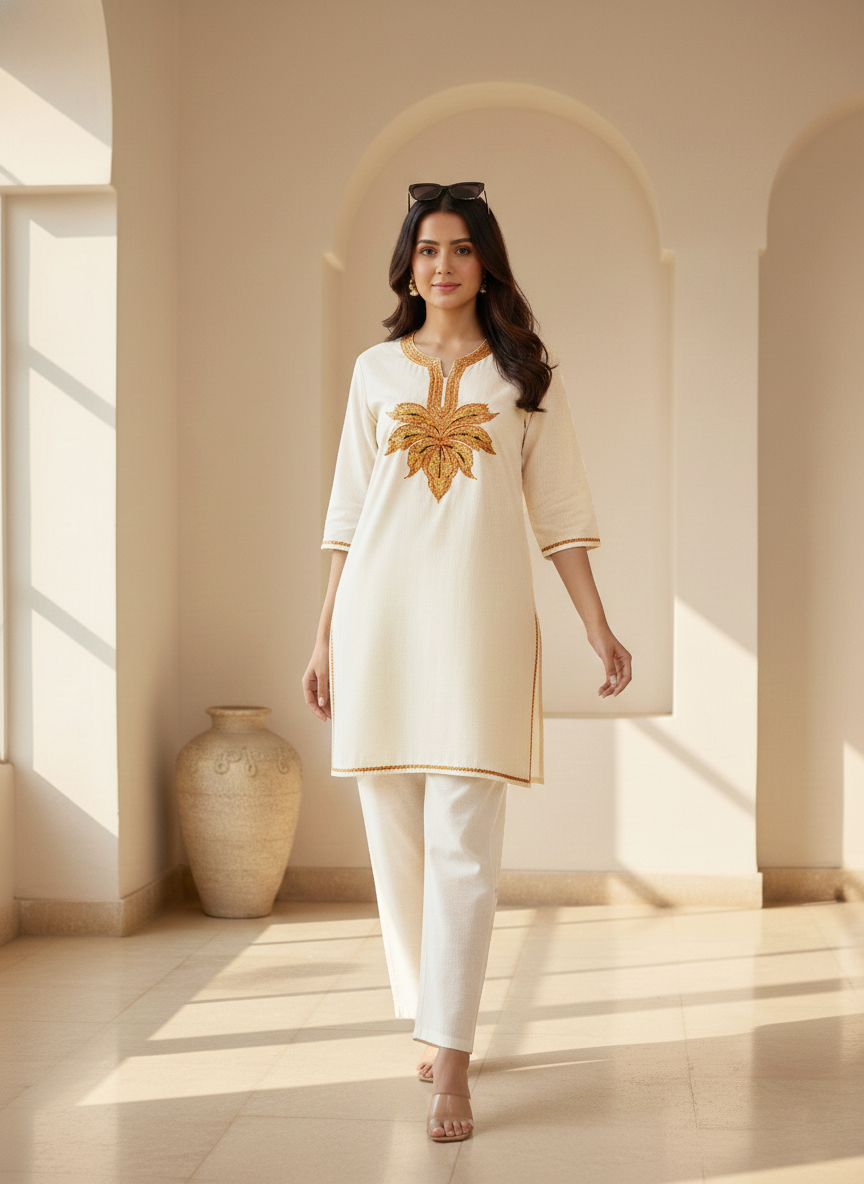 White Tilla Embroidered Cotton Short Kurti