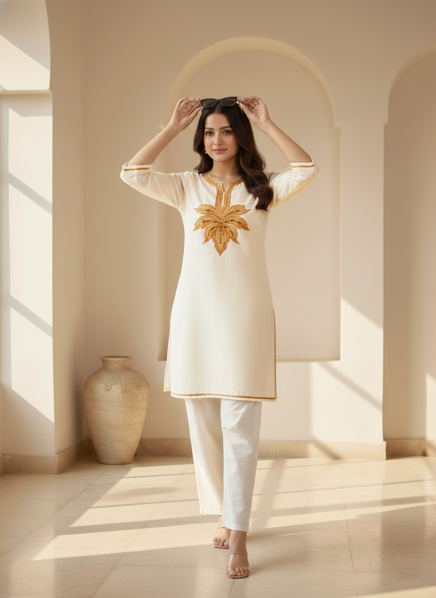 White Tilla Embroidered Cotton Short Kurti