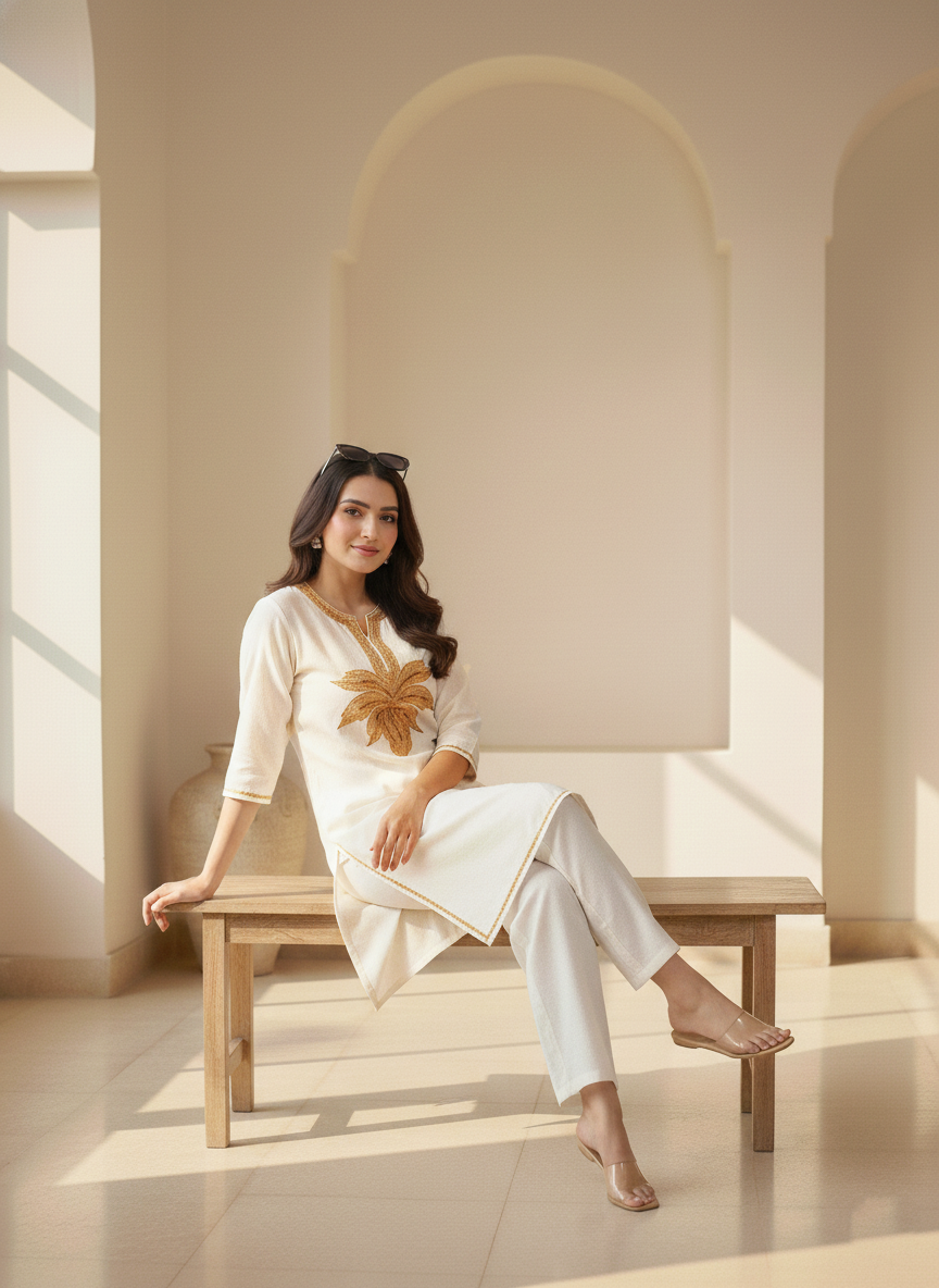 White Tilla Embroidered Cotton Short Kurti