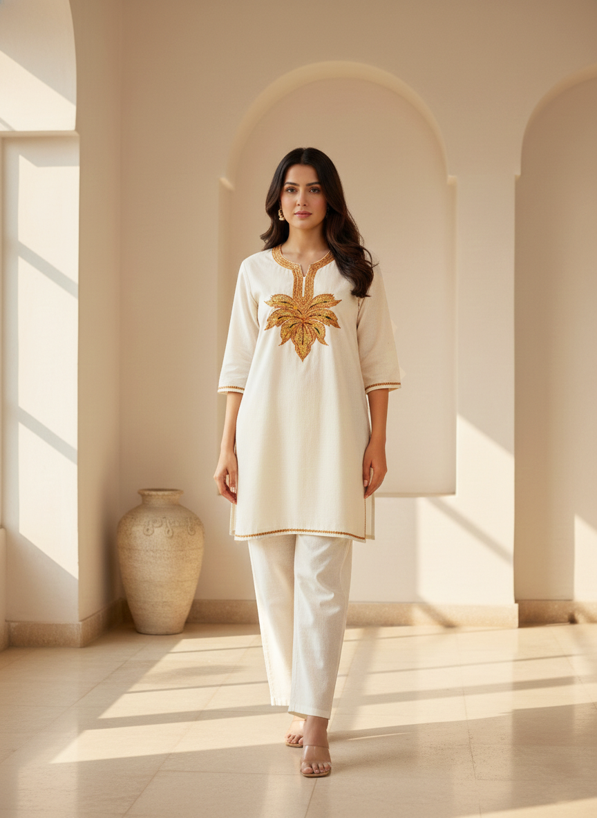 White Tilla Embroidered Cotton Short Kurti