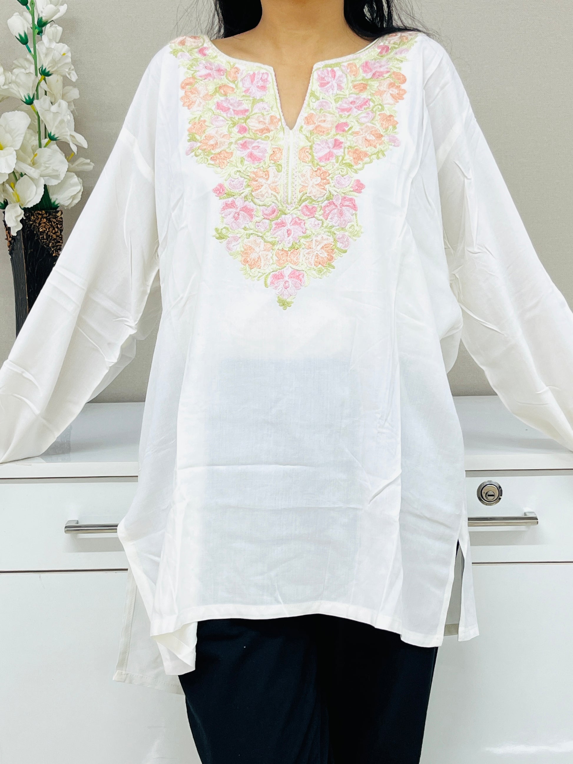  White Embroidered Thread Work Rayon Straight Kurti For Women