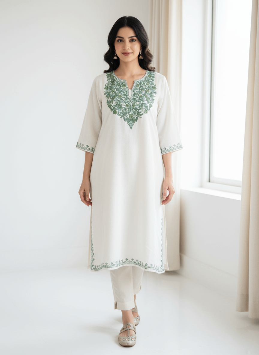 White & Green Floral Aari Neck Embroidered Kashmiri Pheran