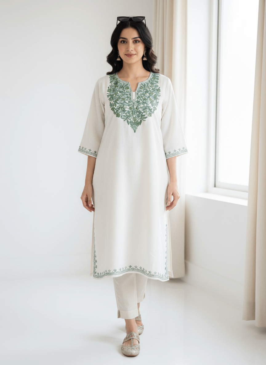 White & Green Floral Aari Neck Embroidered Kashmiri Pheran