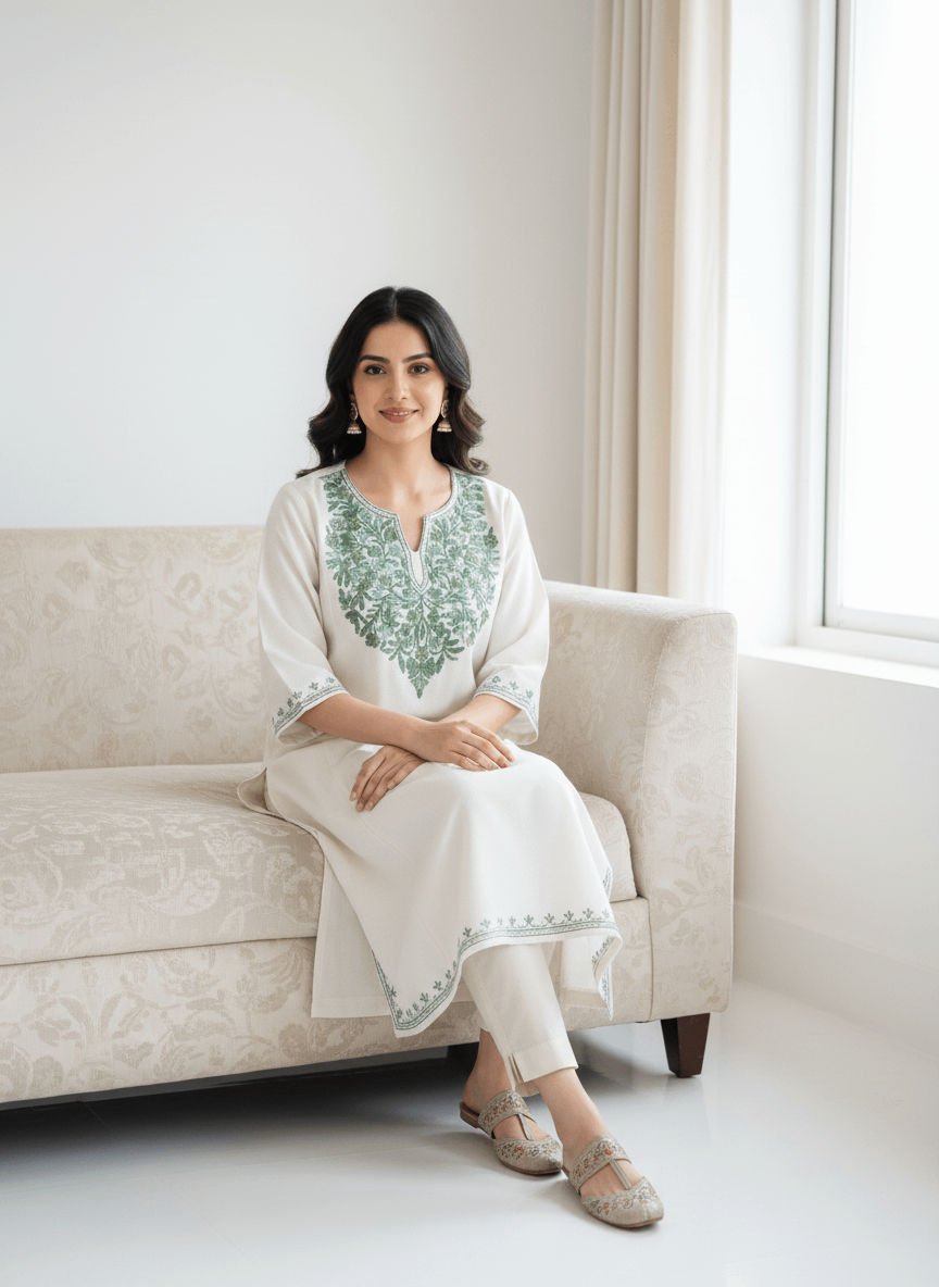 White & Green Floral Aari Neck Embroidered Kashmiri Pheran