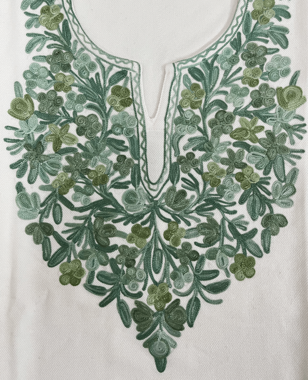 White & Green Floral Aari Neck Embroidered Kashmiri Pheran