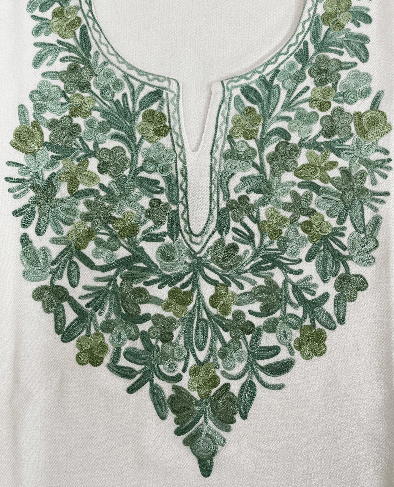 White & Green Floral Aari Neck Embroidered Kashmiri Pheran