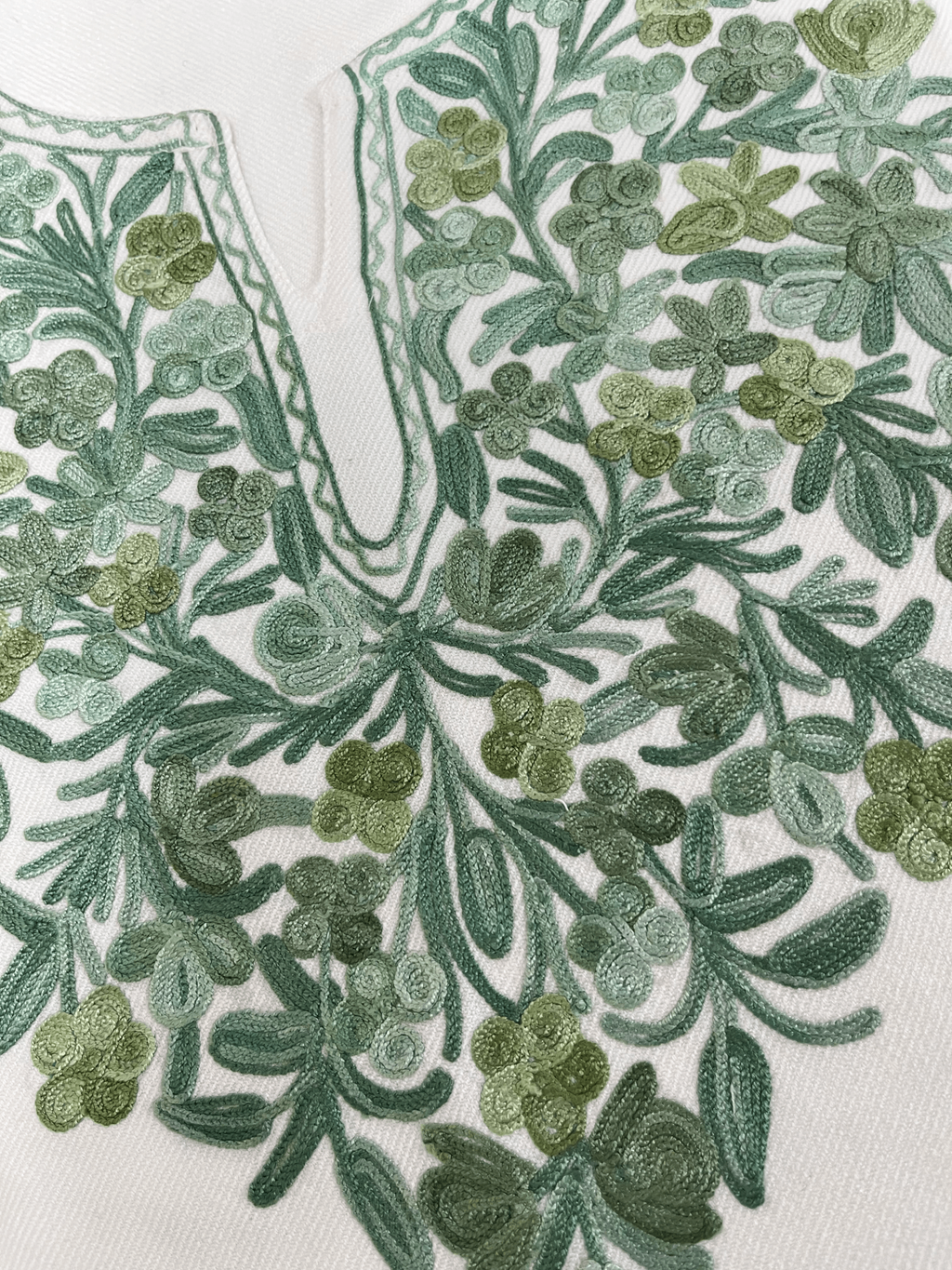 White & Green Floral Aari Neck Embroidered Kashmiri Pheran