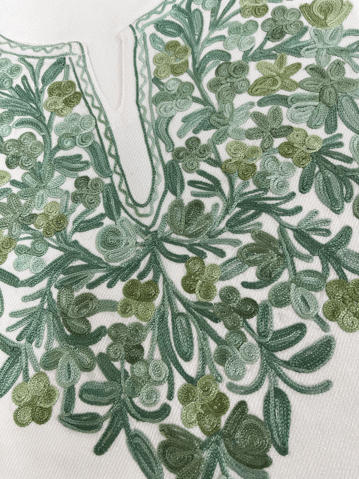 White & Green Floral Aari Neck Embroidered Kashmiri Pheran