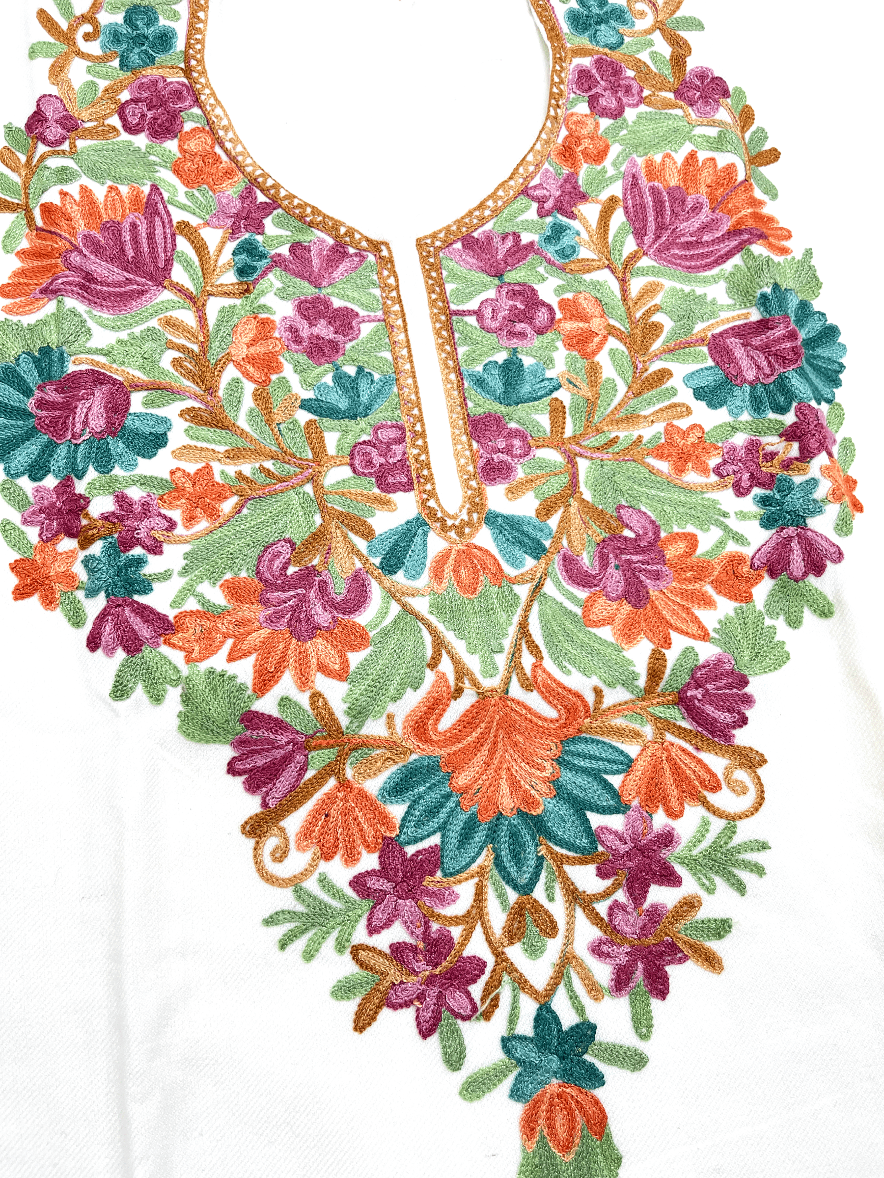 White & Multicolour Embroidered Kashmiri Pheran