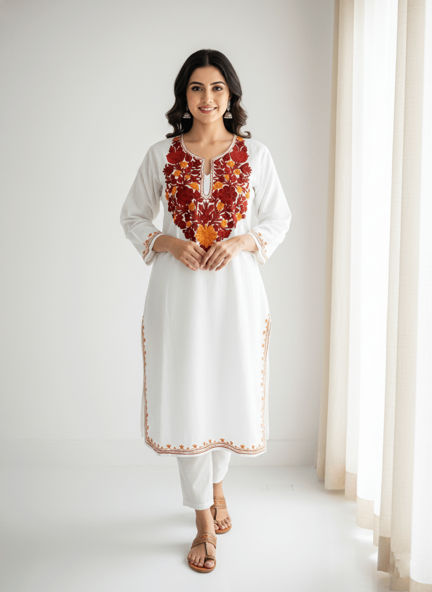 White & Maroon Floral Aari Neck Embroidered Kashmiri Pheran